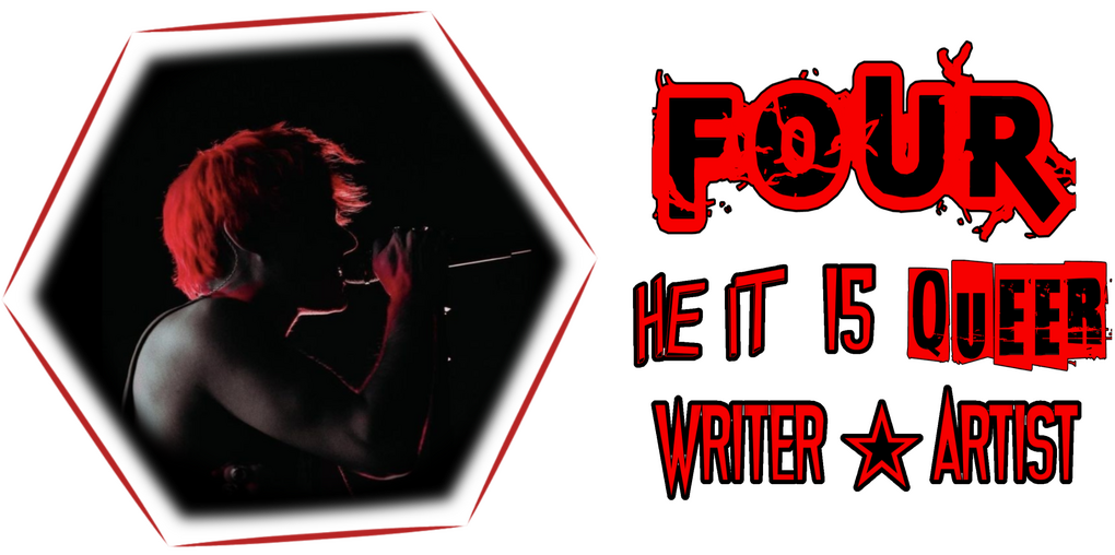 on the left is a photo of awsten knight in a hexagon shaped frame. to the right is text saying "four he it 15 queer writer artist" in various fonts in the color red.